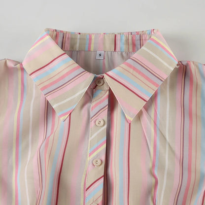 Beige Multicolor Stripe Button Up Short Sleeve