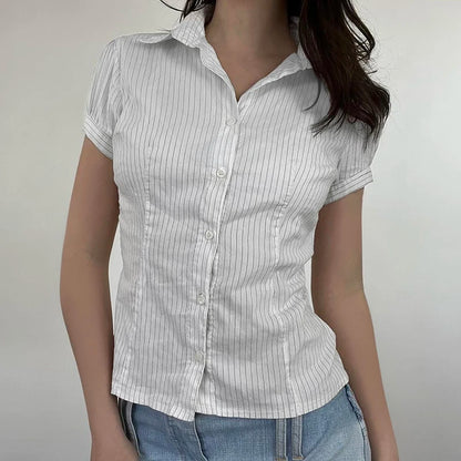 White Stripe Button Up Short Sleeve