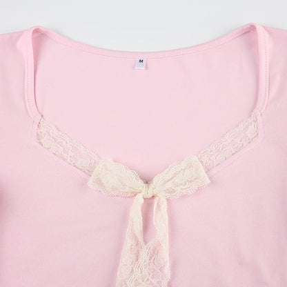 Solid Color Lace Bow V-Cut Pink Ribbon Bow Short Sleeve