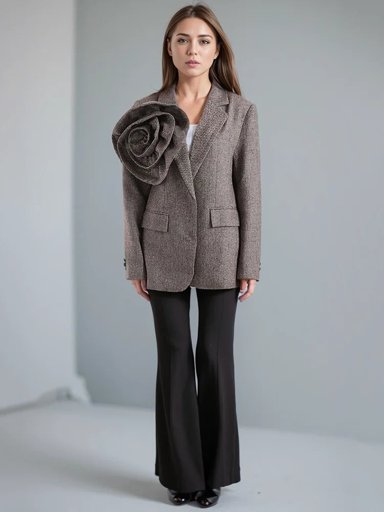 Brown Tweed 3D Flower Blazer