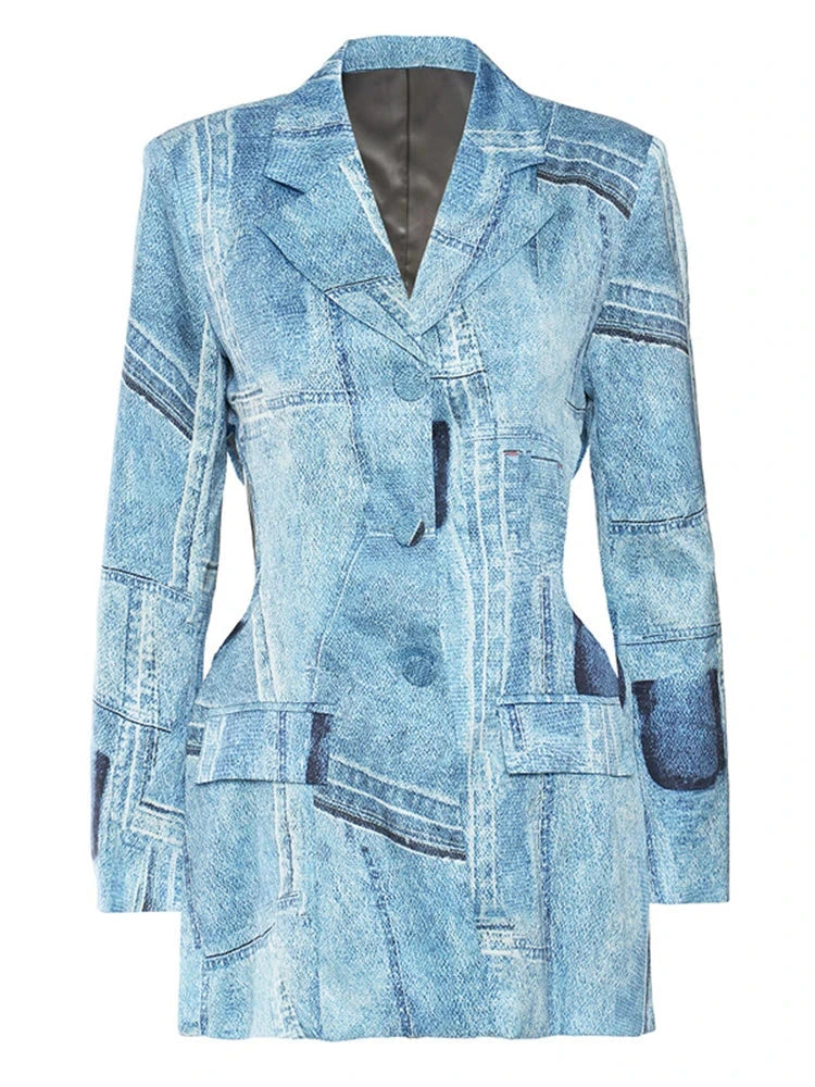 Blue Jean Print Side Hollow Out Blazer