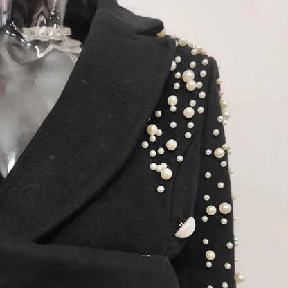 Black Pearl Studded Shoulder Double Breasted Blazer