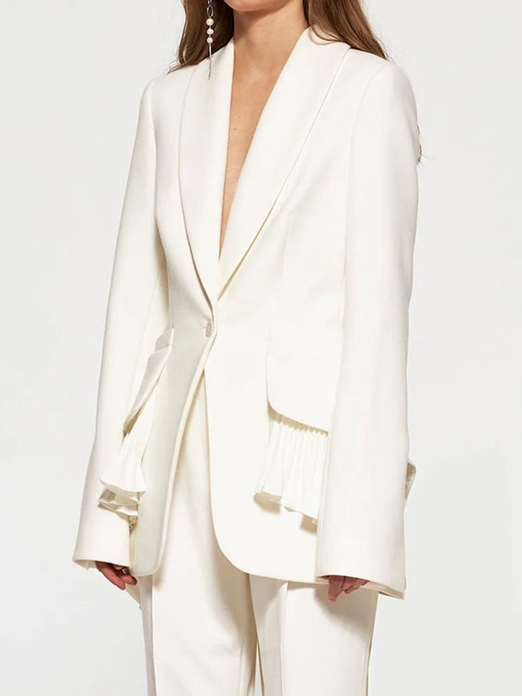 Neutral Pleated Ruffle Trim Blazer