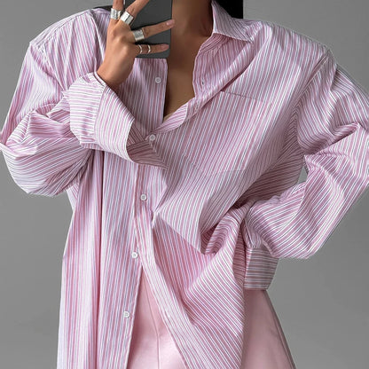 Solid Color Stripe Button Up Oversized Long Sleeve