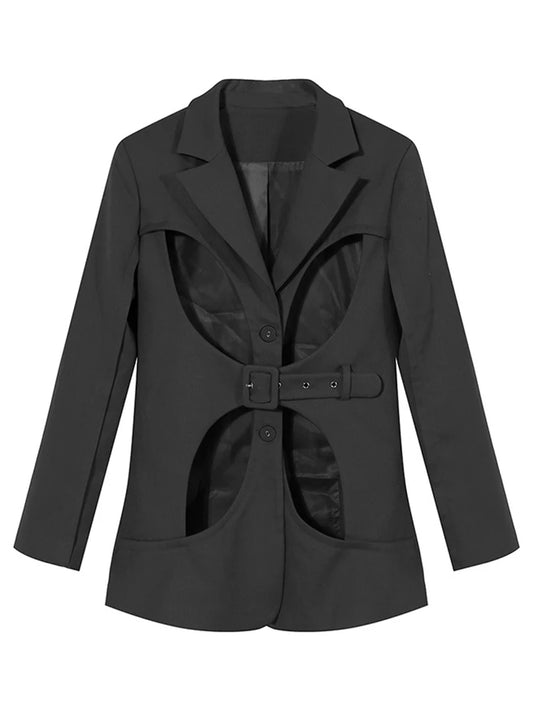 Solid Color Front Hollow Out Buckle Blazer