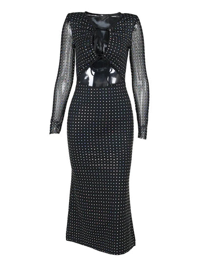 Black Diamond Studded Front Tie-Up Hollow Out Long Sleeve Maxi Dress