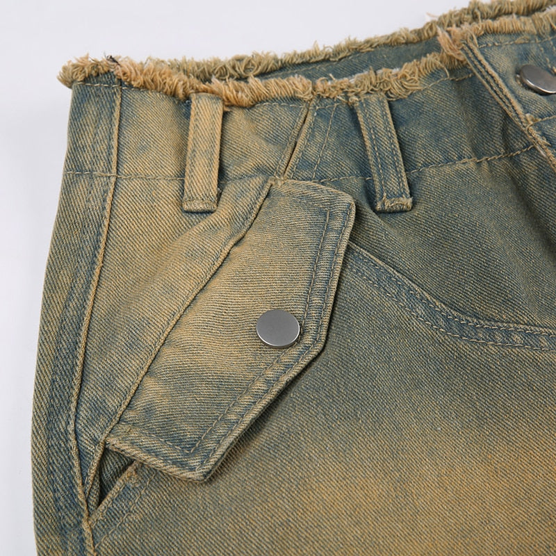 Blue Washed Out Denim Cargo Fringe Trim Low Waisted Baggy Jeans