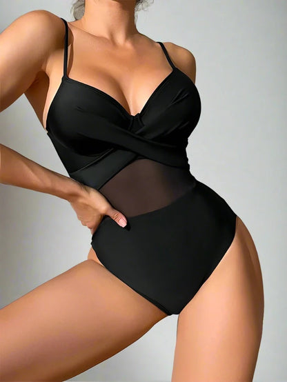 Neutral V-Cut Mesh Hollow Out Spaghetti Strap One Piece