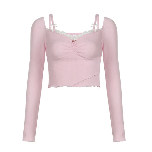 Pink Knit Ribbed Lace Ruched 3D Rose V-Cut Lettuce Trim Crop Bow Spaghetti Strap Long Sleeve