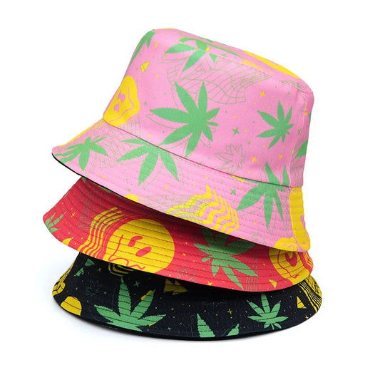 Solid Color Swirl Smiley Face And Mary-J Print Reversible Bucket Hat