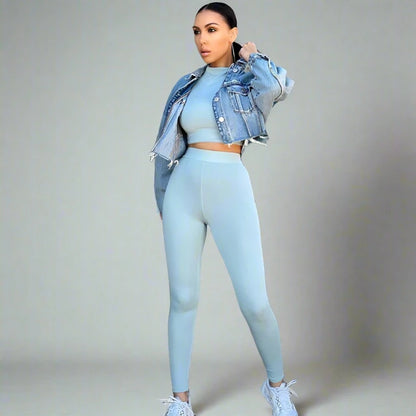 Solid Color Crop Long Sleeve And Legging Set