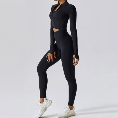 Solid Color Crop Jacket And Crop Top And High Waisted Legging Set