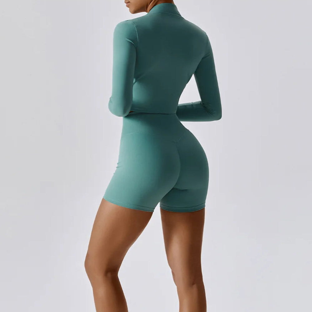 Solid Color Crop Jacket And Crop Top And High Waisted Shorts Set
