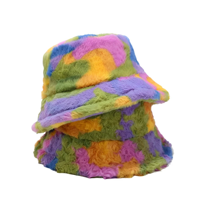 Multicolor Camouflage Fleece And Fur Bucket Hat