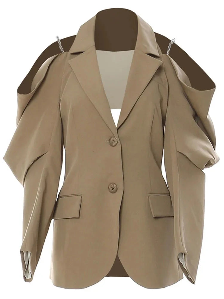 Khaki Hollow Out Chain Puff Shoulders And Hollow Out Back Blazer