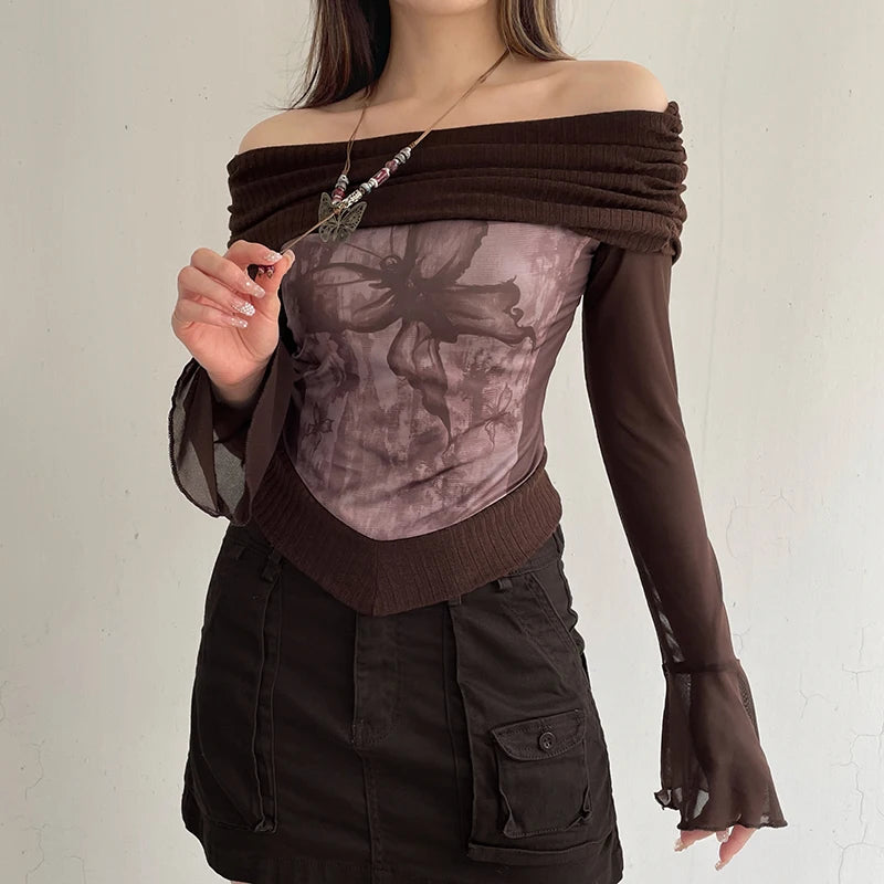 Brown Ribbed Butterfly Roll Over Off Shoulder Sheer Flare Long Sleeve