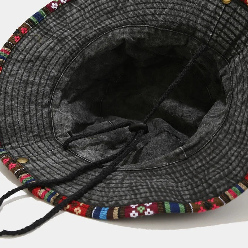 Neutral Washed Out Multicolor Tribal Print Patchwork Cotton Fisherman Bucket Hat