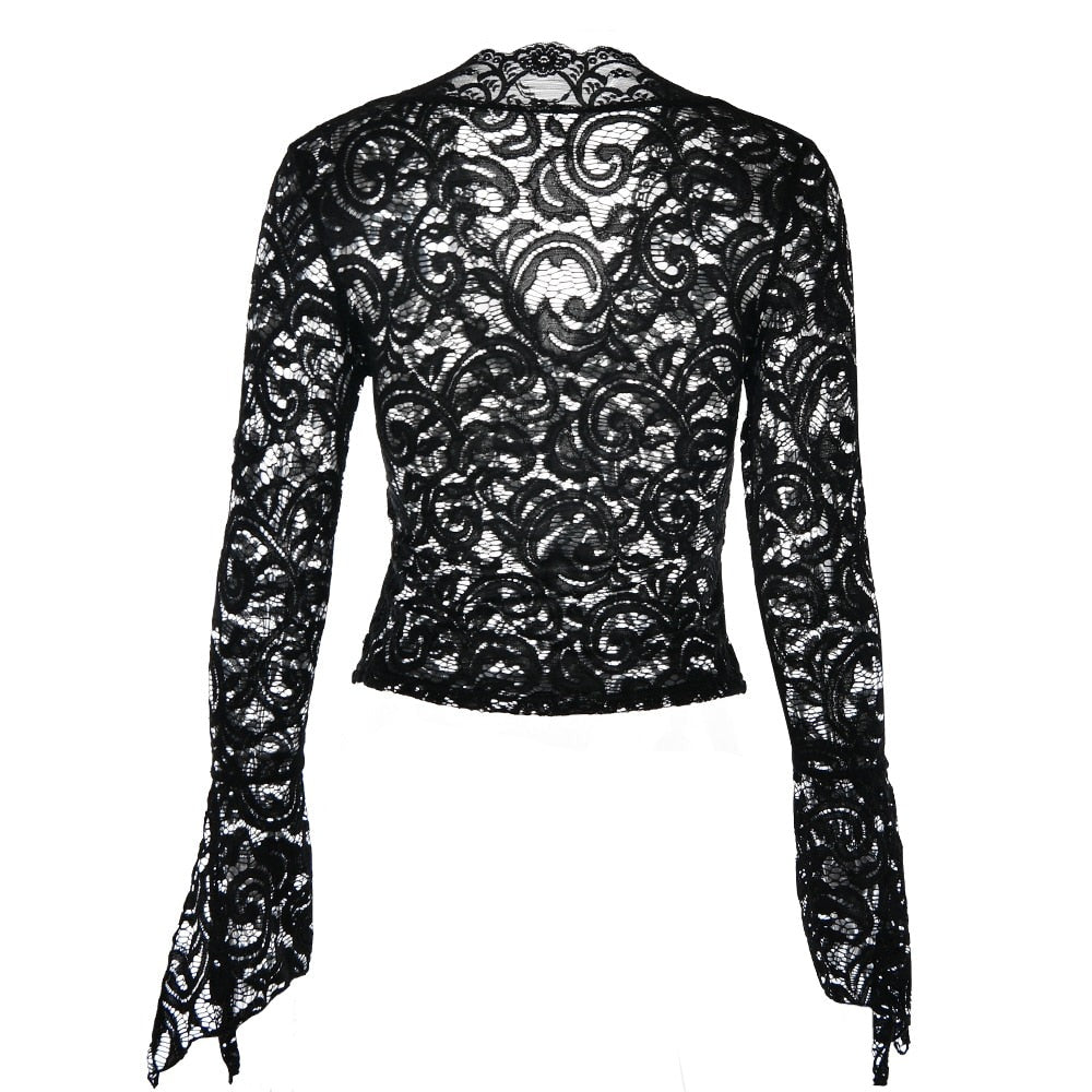 Solid Color Lace V-Cut Flare Long Sleeve