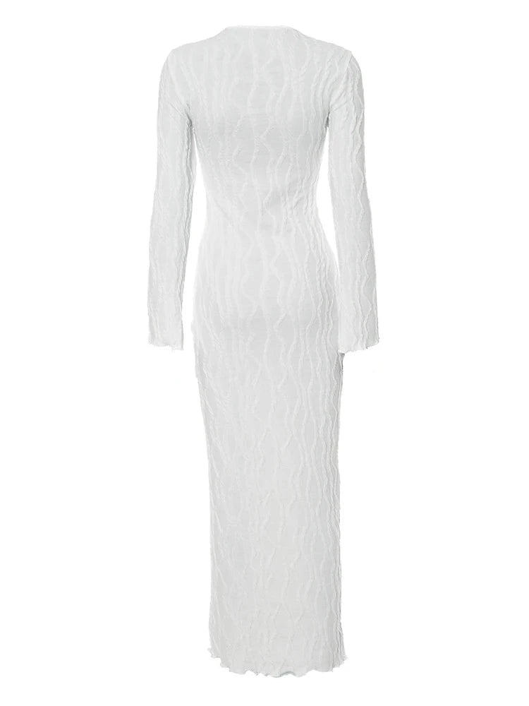 White Swirl Ribbed Long Sleeve Maxi Dress