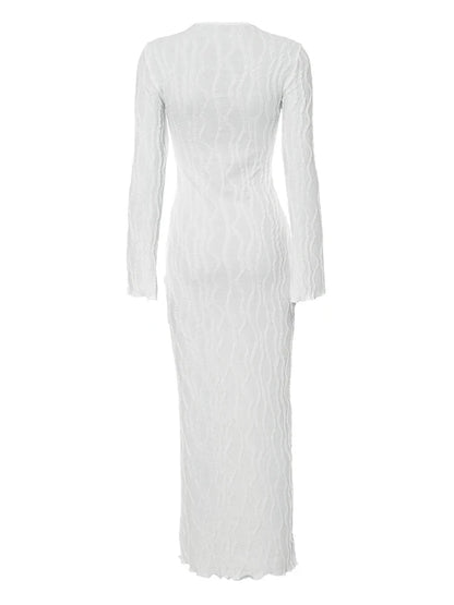 White Swirl Ribbed Long Sleeve Maxi Dress