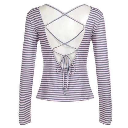 Pink And Blue Stripe Backless Lace-Up Long Sleeve