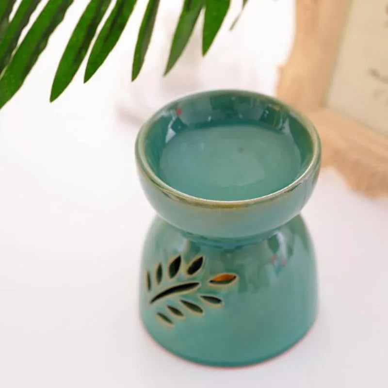 Green Porcelain Hollow Out Leaf Essential Oil Burner