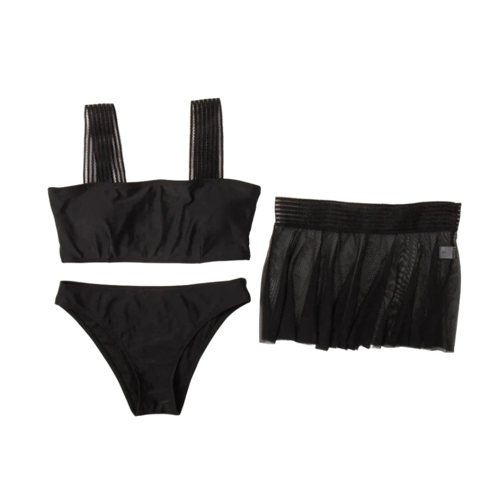 Black Sheer Strap Bikini And Sheer Skirt Cover Up Set