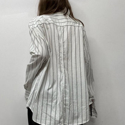 White And Black Stripe Ribbed Button Up Oversized Long Sleeve