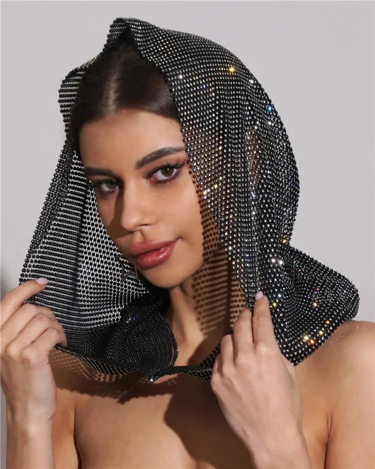 Black Rhinestone Studded Hooded Hat