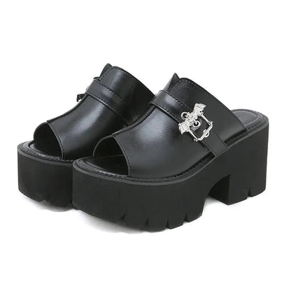 Black Leather Extra Thick Bat Buckle Strap Platform Heels