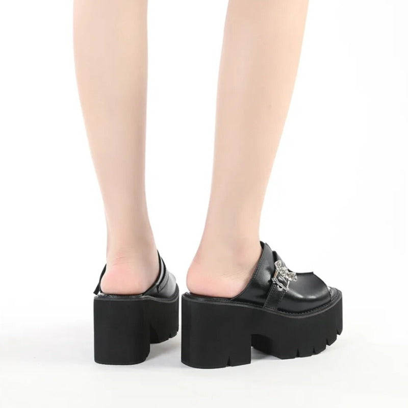 Black Leather Extra Thick Bat Buckle Strap Platform Heels