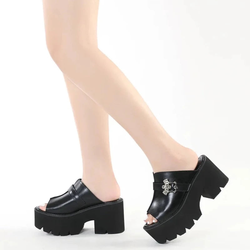 Black Leather Extra Thick Bat Buckle Strap Platform Heels