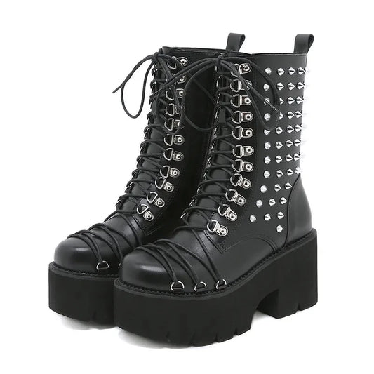 Black Leather Half Spike Studded Front Lace-Up Side Zip-Up Platform Heel Booties