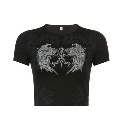 Black Studded Angel Wings Crop Short Sleeve