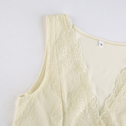 Beige Lace V-Cut Sleeveless Top