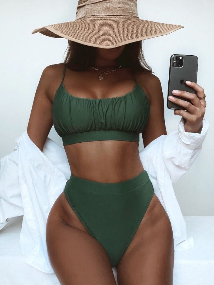 Solid Color Ruched Bralette High Waisted Bikini