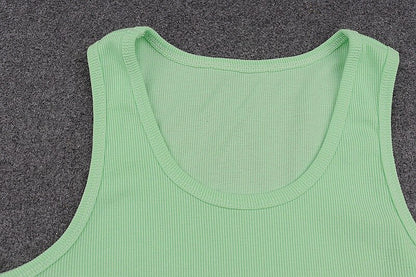 Green Knit Ribbed Lettuce Trim Crop Spaghetti Strap Top