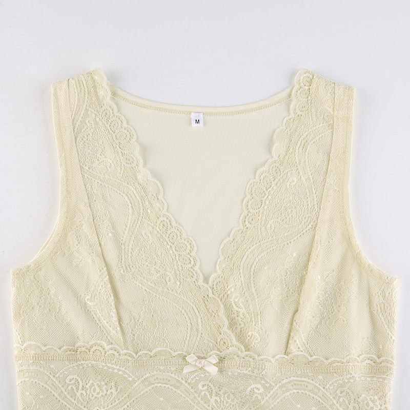 Beige Lace V-Cut Sleeveless Top