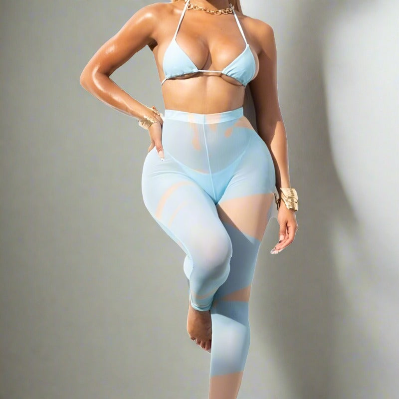 Blue Bikini And Sheer Legging Cover Up Set