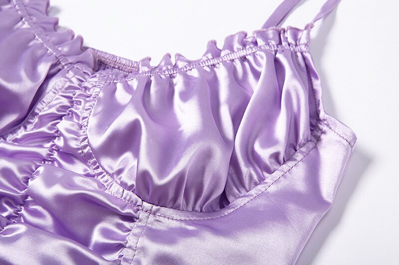 Purple Silk Ruched V-Cut Spaghetti Strap Top