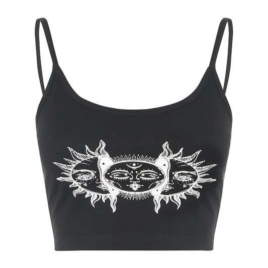 Black Knit Ribbed Sun And Moon Crop Spaghetti Strap Top