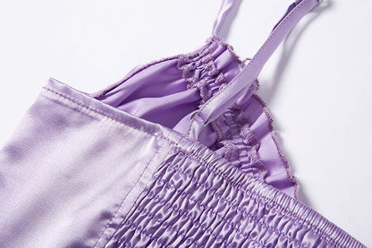 Purple Silk Ruched V-Cut Spaghetti Strap Top