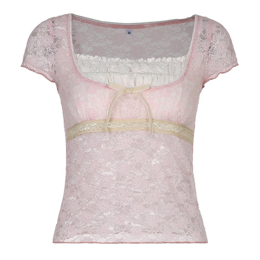Lace White Ruched Patchwork Short Sleeve