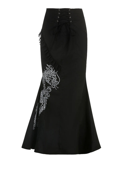 Black Lace-Up High Waisted Ruffle Patchwork Japanese Dragon Maxi Skirt