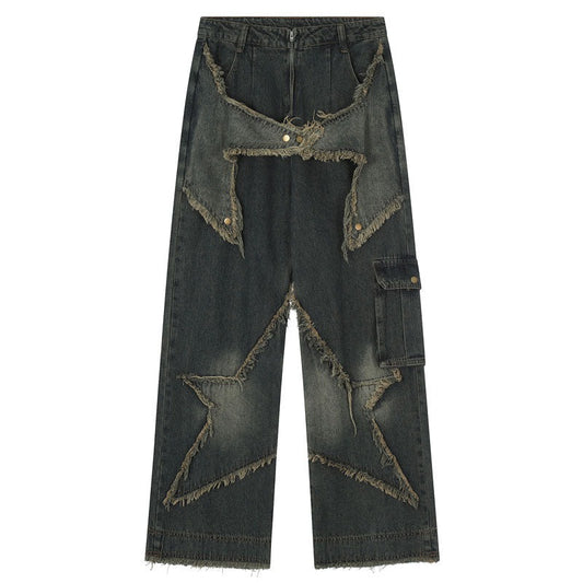Dark Blue Denim Reverse Distressed Patchwork Studded stars Front Pleated Straight Jeans
