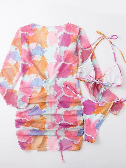 Colorful Camo Bikini And Drawstring Cover Up Dress Set