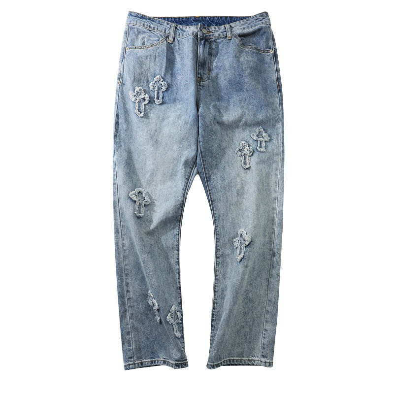 Blue Denim Distressed Cross Embroidery Straight Jeans