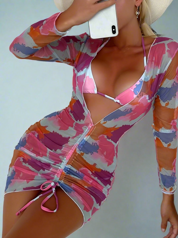 Colorful Camo Bikini And Drawstring Cover Up Dress Set
