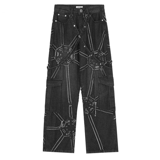 Black Reverse Patchwork Spider Web Cargo Straight Denim Jeans