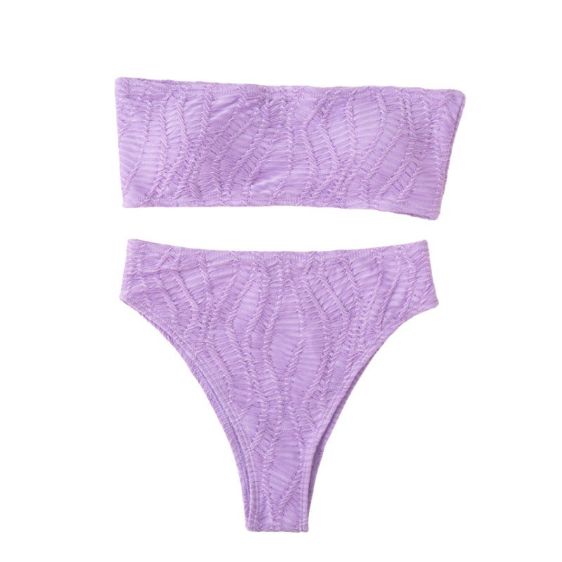 Purple Ribbed Bandeau High Waisted Bikini